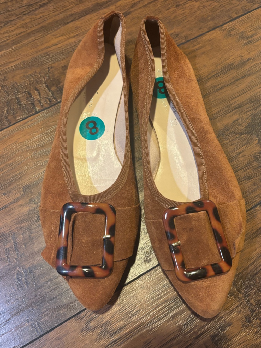 Women's Pointed Toe Suede Flats with Tortoiseshell Buckle - Brown